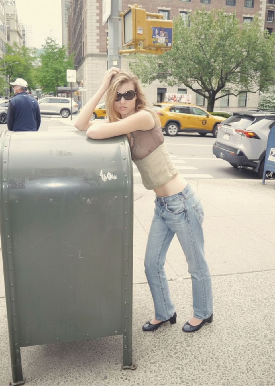 Person leaning against a large mailbox on a city street